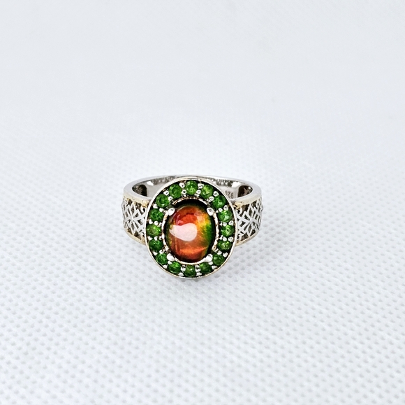 STS Jewels Inc Jewelry - Genuine Ammolite & Chrome Diopside Ring Sterling Silver Platinum Finish Size 7.5